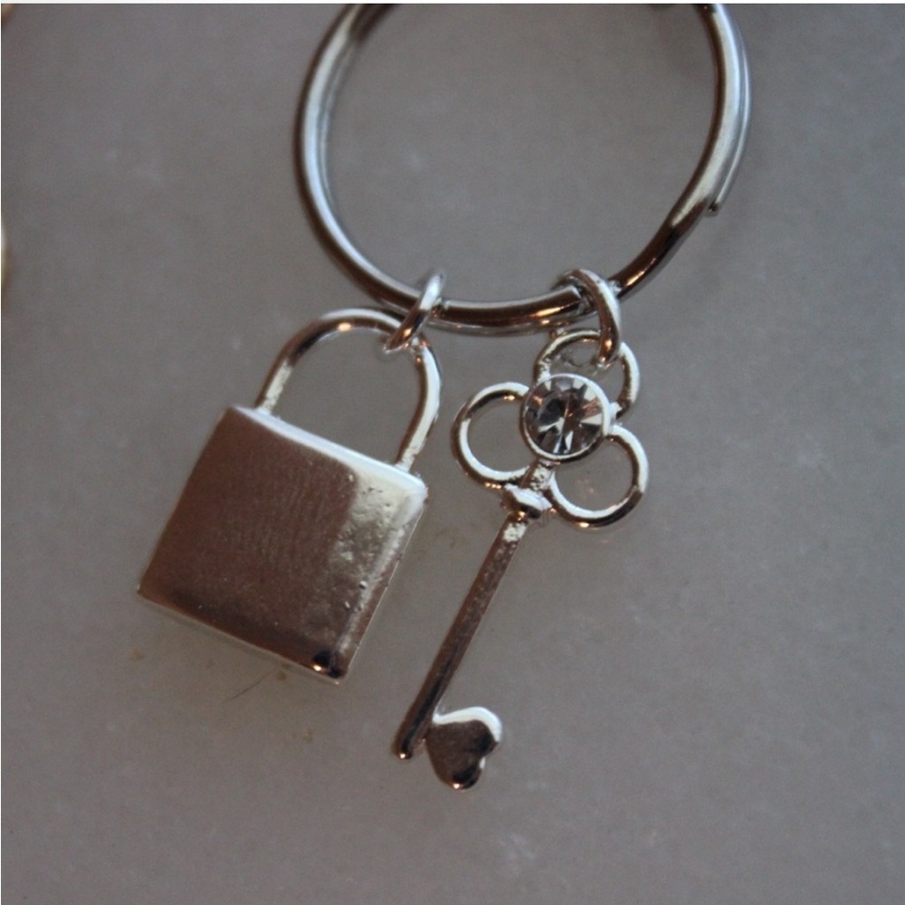 Silver Rhinestone Lock & Key Keychain Bag Charm with Keyring - Picture 2 of 2